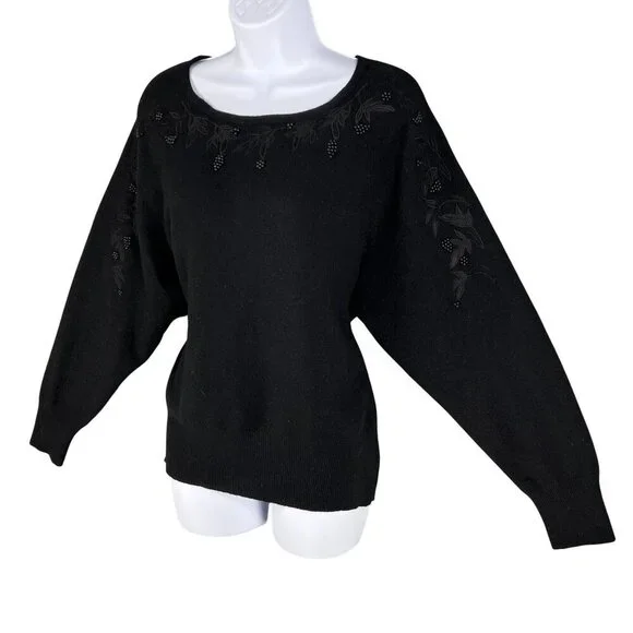 Robert Scott Women L Black Embroidered Beaded Lambswool Angora Sweater Fairygoth - Picture 3 of 16